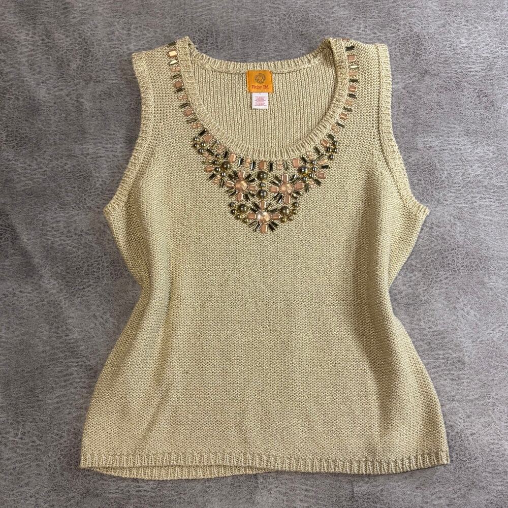 Tan Metallic Knit Embellished Tank Top